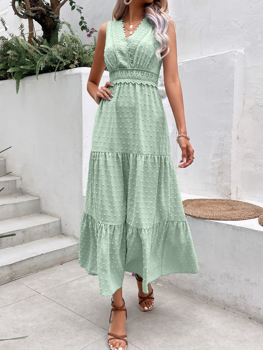 Lace V-neck Polka Dot Sleeveless Dress