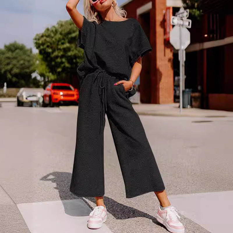 Women's Textured Loose Fit T Shirt and Drawstring Pants Casual Set