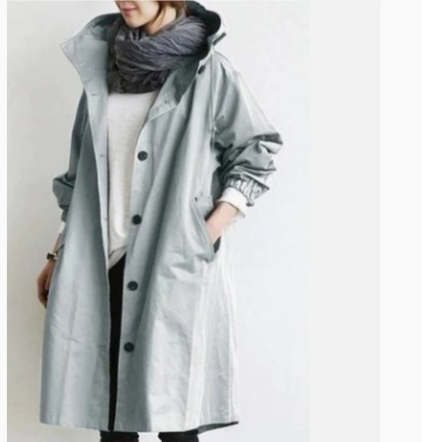 Oversized Hooded Long-sleeved Button Trench Coat