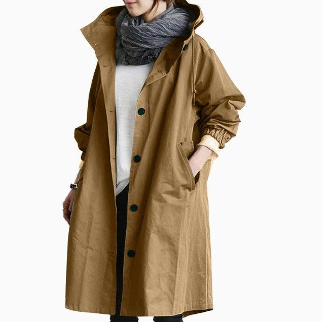 Oversized Hooded Long-sleeved Button Trench Coat
