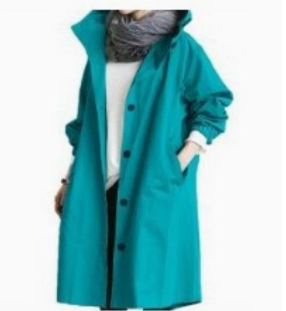 Oversized Hooded Long-sleeved Button Trench Coat