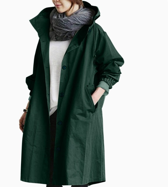 Oversized Hooded Long-sleeved Button Trench Coat