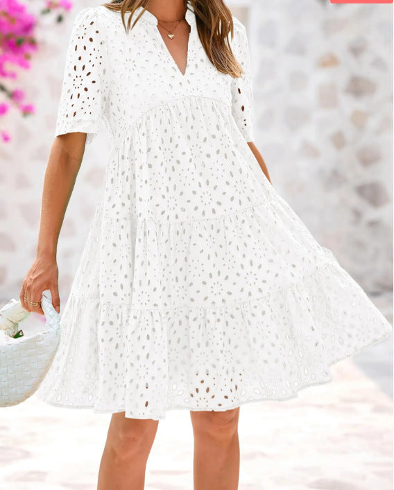 Women's Elegant Hollow Out Lace Ruffle Casual Mini Dress