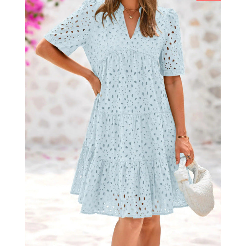Women's Elegant Hollow Out Lace Ruffle Casual Mini Dress