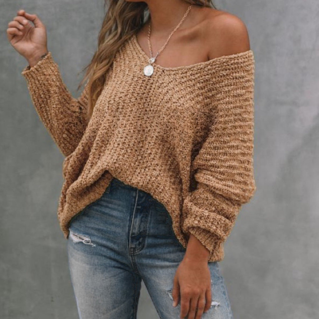 Women's Plain Drop Shoulder V Neck Sweater