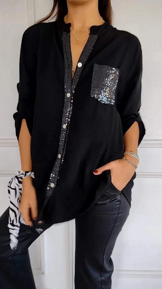 V-neck Sequin Mid-sleeve Casual Top