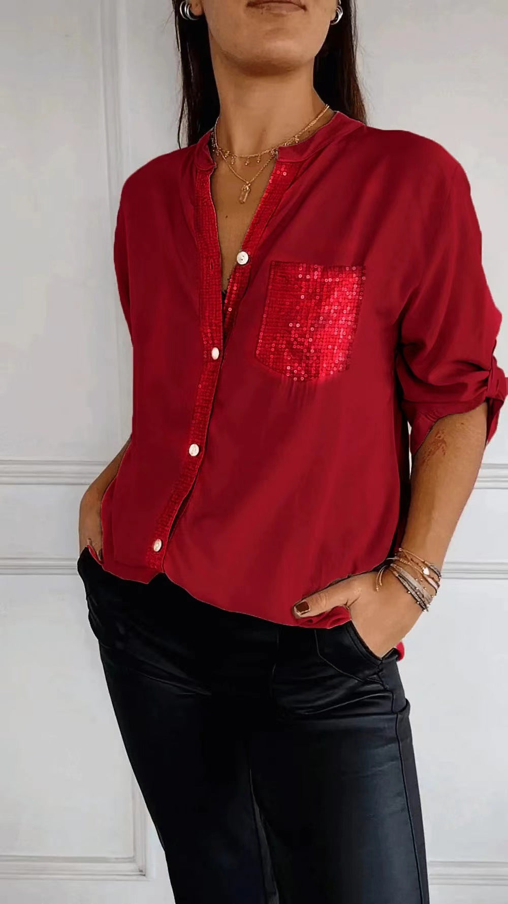 V-neck Sequin Mid-sleeve Casual Top