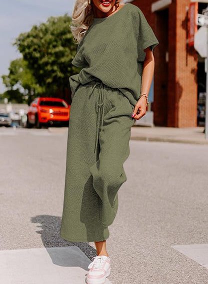 Women's Textured Loose Fit T Shirt and Drawstring Pants Casual Set