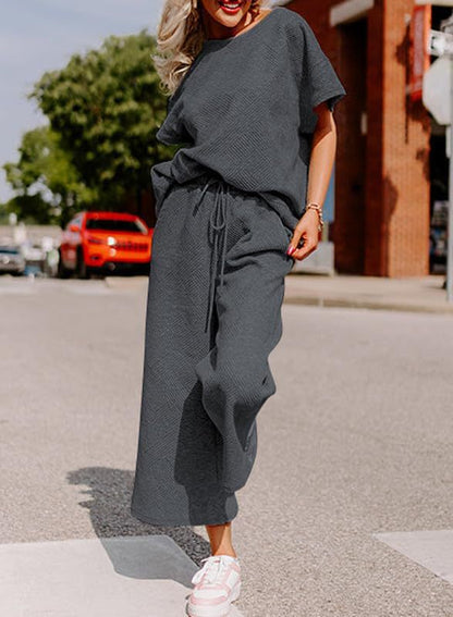Women's Textured Loose Fit T Shirt and Drawstring Pants Casual Set