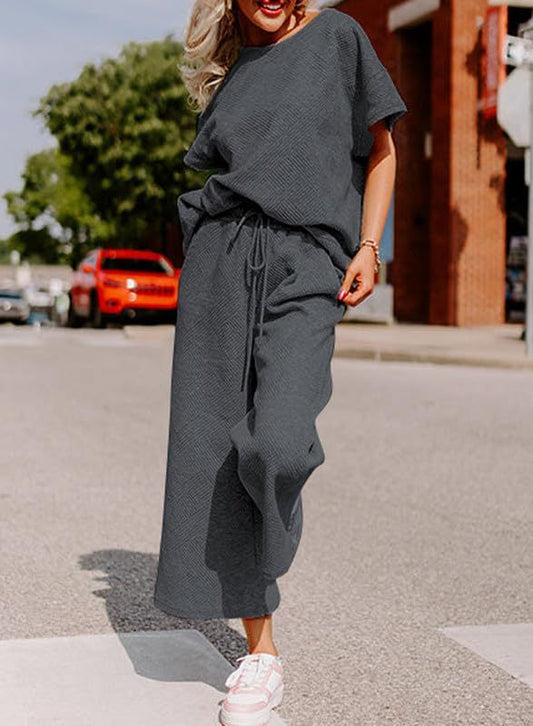 Women's Textured Loose Fit T Shirt and Drawstring Pants Casual Set