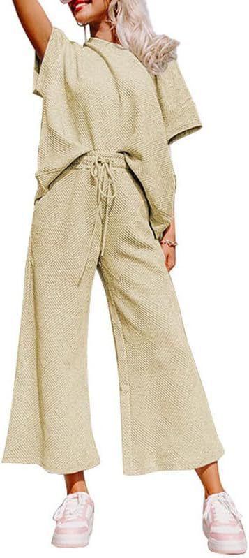 Women's Textured Loose Fit T Shirt and Drawstring Pants Casual Set