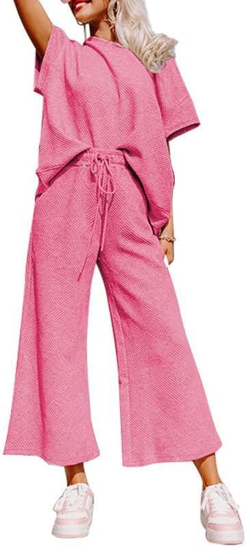 Women's Textured Loose Fit T Shirt and Drawstring Pants Casual Set