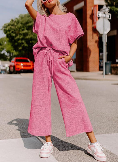 Women's Textured Loose Fit T Shirt and Drawstring Pants Casual Set