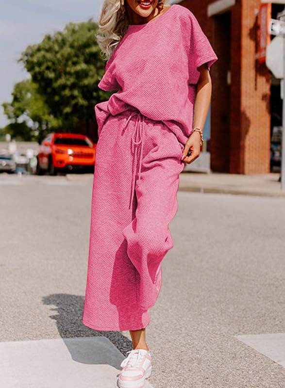 Women's Textured Loose Fit T Shirt and Drawstring Pants Casual Set