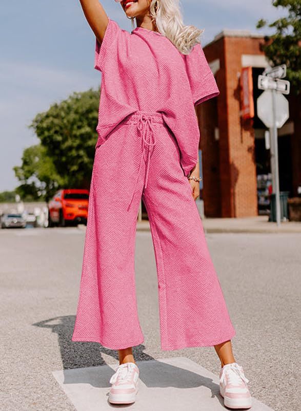 Women's Textured Loose Fit T Shirt and Drawstring Pants Casual Set