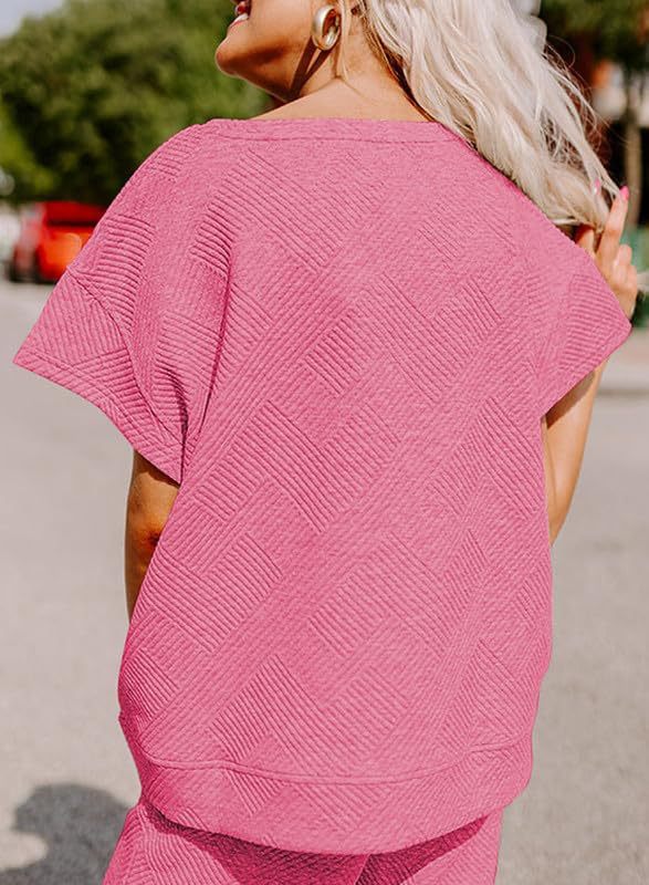 Women's Textured Loose Fit T Shirt and Drawstring Pants Casual Set