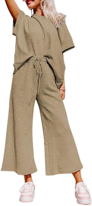 Women's Textured Loose Fit T Shirt and Drawstring Pants Casual Set