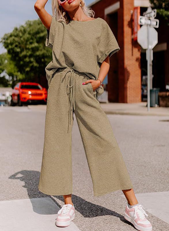 Women's Textured Loose Fit T Shirt and Drawstring Pants Casual Set