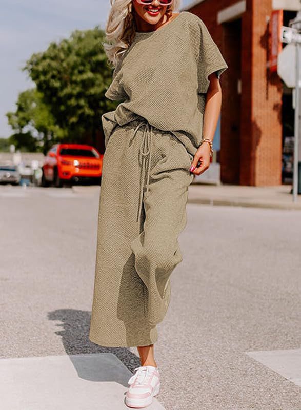 Women's Textured Loose Fit T Shirt and Drawstring Pants Casual Set