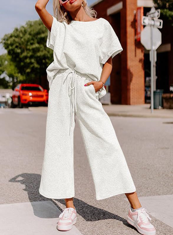 Women's Textured Loose Fit T Shirt and Drawstring Pants Casual Set