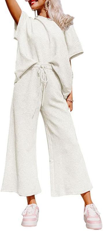 Women's Textured Loose Fit T Shirt and Drawstring Pants Casual Set