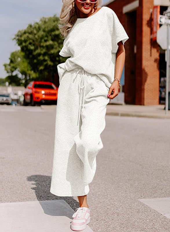 Women's Textured Loose Fit T Shirt and Drawstring Pants Casual Set