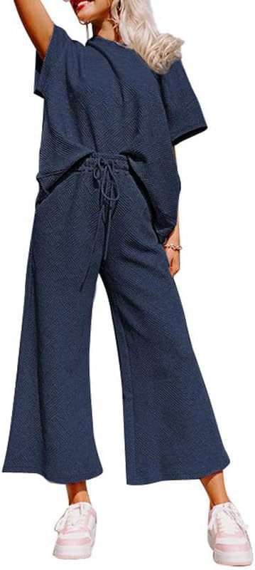 Women's Textured Loose Fit T Shirt and Drawstring Pants Casual Set