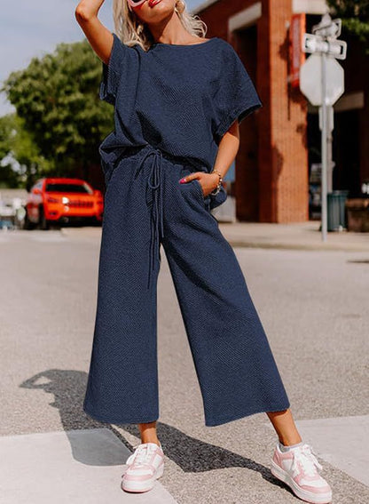 Women's Textured Loose Fit T Shirt and Drawstring Pants Casual Set