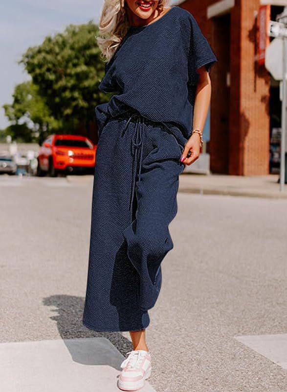 Women's Textured Loose Fit T Shirt and Drawstring Pants Casual Set