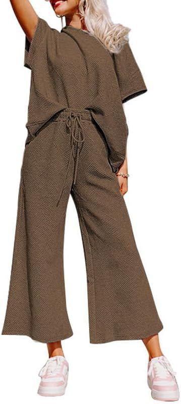 Women's Textured Loose Fit T Shirt and Drawstring Pants Casual Set