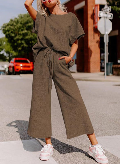 Women's Textured Loose Fit T Shirt and Drawstring Pants Casual Set