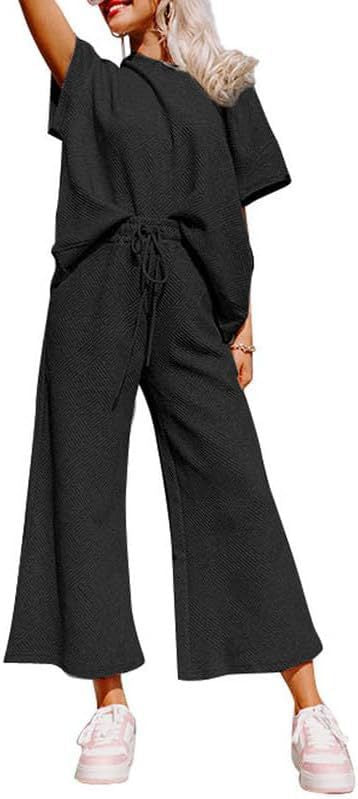 Women's Textured Loose Fit T Shirt and Drawstring Pants Casual Set