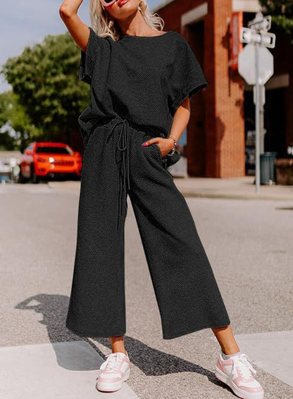 Women's Textured Loose Fit T Shirt and Drawstring Pants Casual Set