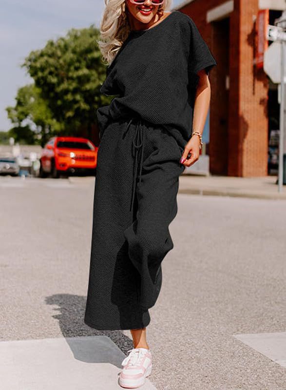 Women's Textured Loose Fit T Shirt and Drawstring Pants Casual Set