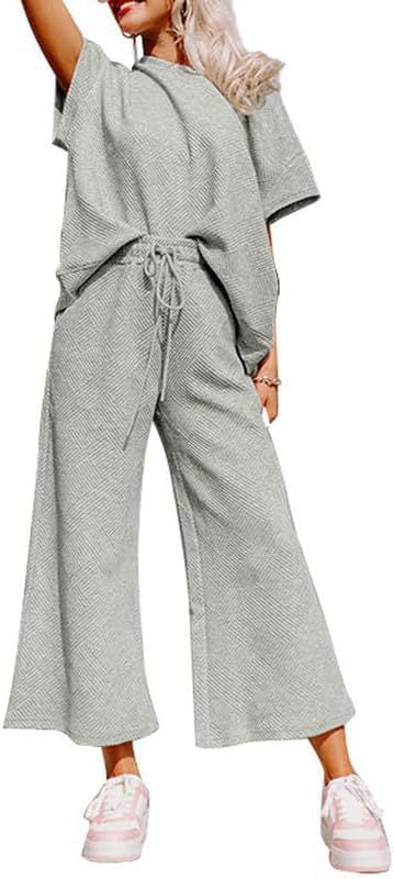 Women's Textured Loose Fit T Shirt and Drawstring Pants Casual Set