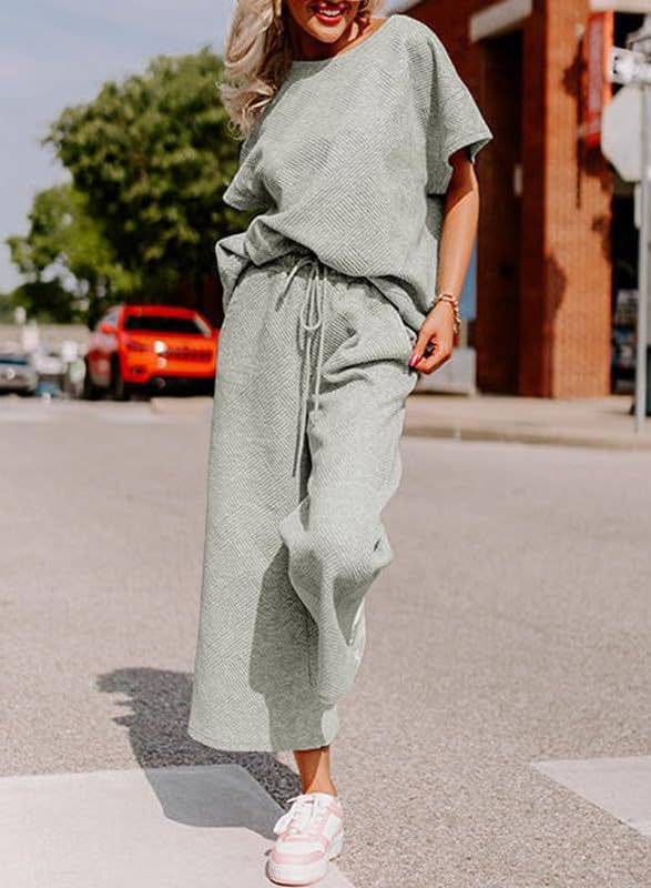 Women's Textured Loose Fit T Shirt and Drawstring Pants Casual Set