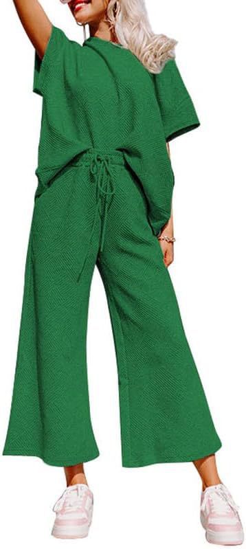 Women's Textured Loose Fit T Shirt and Drawstring Pants Casual Set