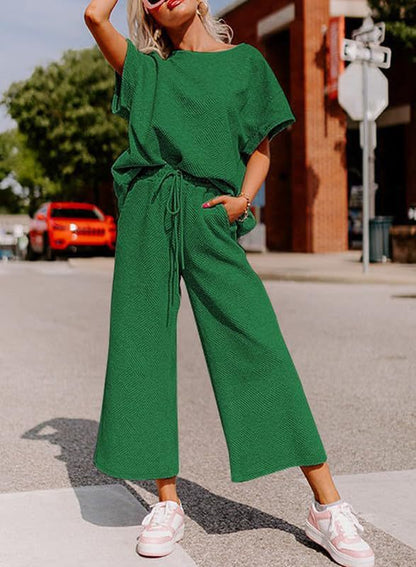 Women's Textured Loose Fit T Shirt and Drawstring Pants Casual Set