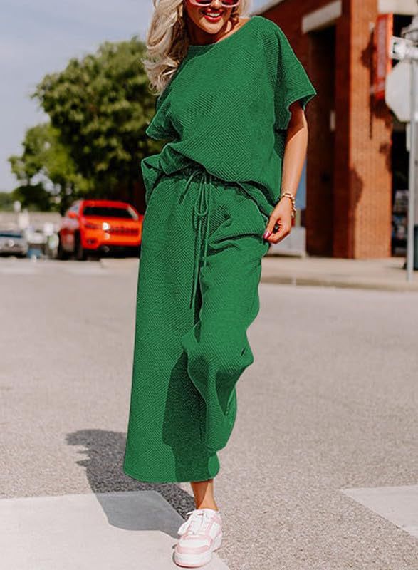 Women's Textured Loose Fit T Shirt and Drawstring Pants Casual Set