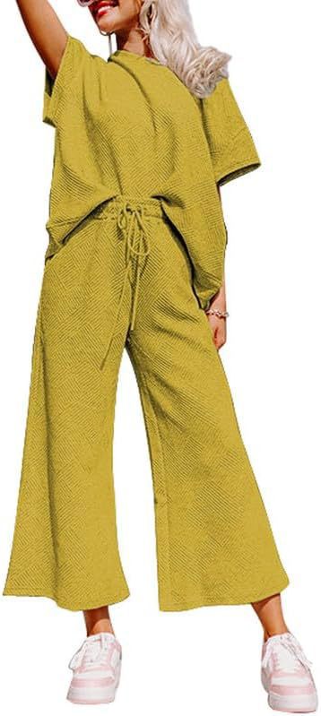 Women's Textured Loose Fit T Shirt and Drawstring Pants Casual Set