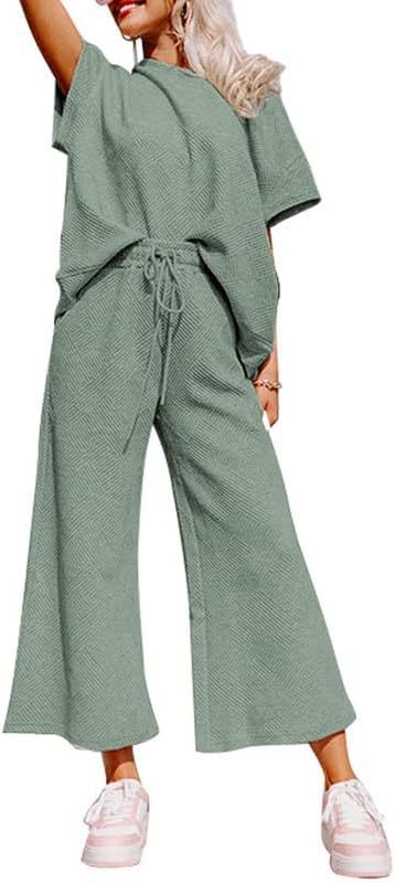 Women's Textured Loose Fit T Shirt and Drawstring Pants Casual Set