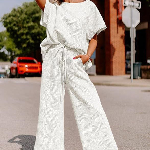 Women's Textured Loose Fit T Shirt and Drawstring Pants Casual Set