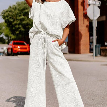Women's Textured Loose Fit T Shirt and Drawstring Pants Casual Set