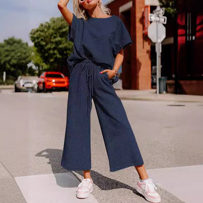 Women's Textured Loose Fit T Shirt and Drawstring Pants Casual Set