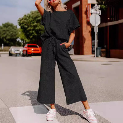 Women's Textured Loose Fit T Shirt and Drawstring Pants Casual Set