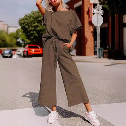 Women's Textured Loose Fit T Shirt and Drawstring Pants Casual Set