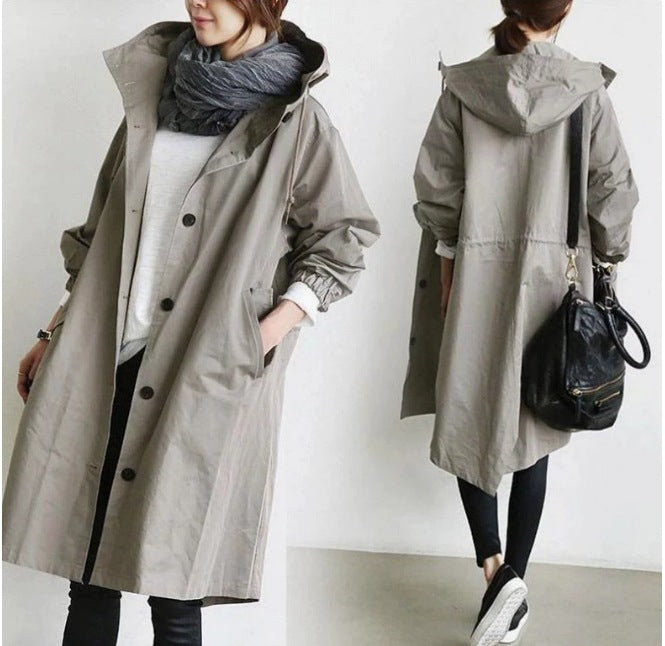 Oversized Hooded Long-sleeved Button Trench Coat