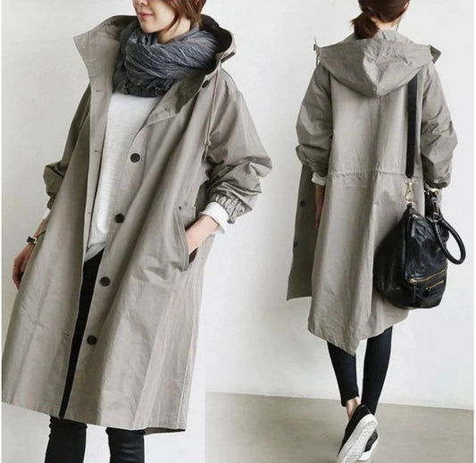 Oversized Hooded Long-sleeved Button Trench Coat
