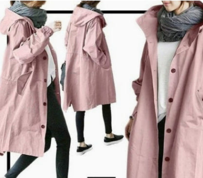 Oversized Hooded Long-sleeved Button Trench Coat