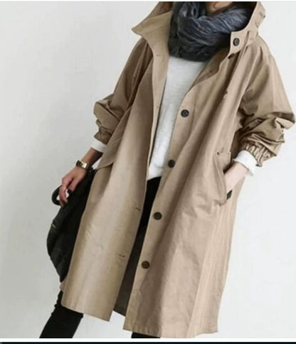 Oversized Hooded Long-sleeved Button Trench Coat
